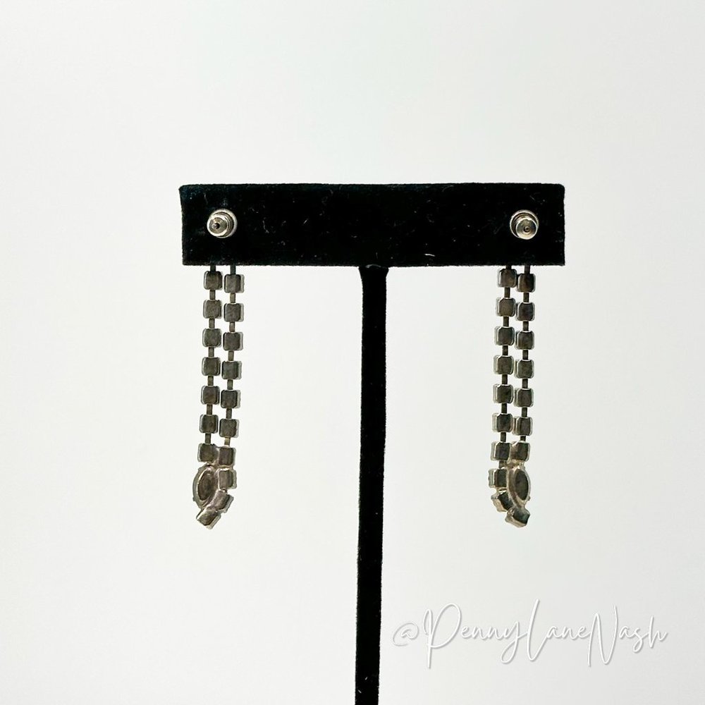 Vintage Two Row Rhinestone Drop with Blue Gem Dangle Earrings - Picture 7 of 9